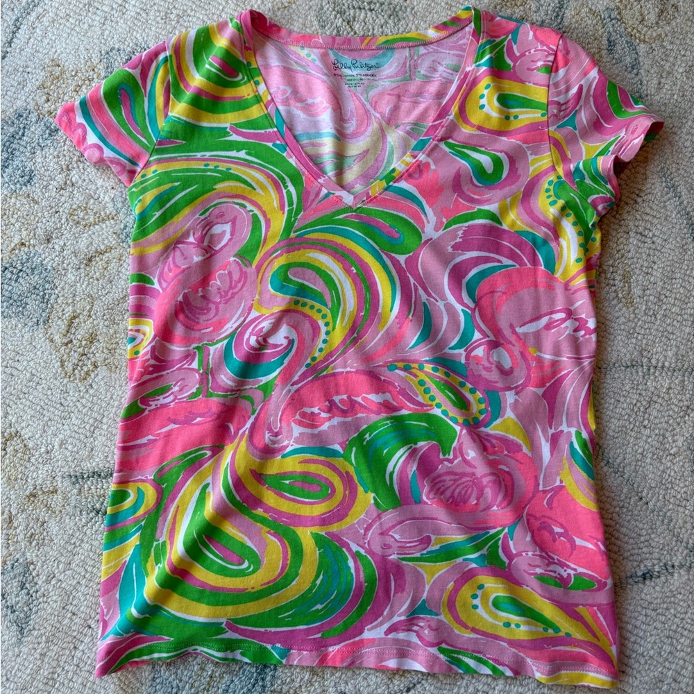 Lilly Pulitzer Pink and Green Short Sleeve Tee Shirt Size Medium V Neck